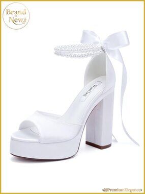 Pearl Platform Heeled Sandals Wedding Bride Block Heel Satin